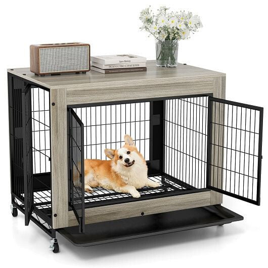 Industrial Dog Kennel with Flip-up Top 3 Lockable Doors and Removable Tray-Rustic Brown
