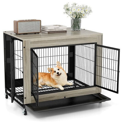 Industrial Dog Kennel with Flip-up Top 3 Lockable Doors and Removable Tray-Rustic Brown