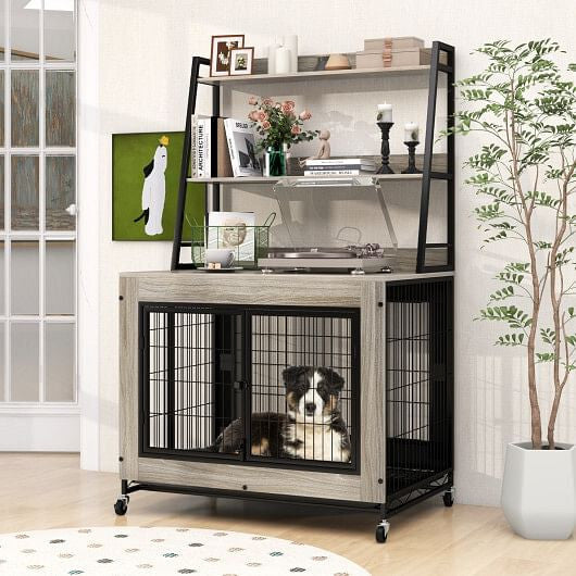 Industrial Dog Kennel Dog Crate Furniture with Storage Shelves-Rustic Brown
