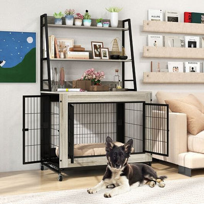 Industrial Dog Kennel Dog Crate Furniture with Storage Shelves-Rustic Brown